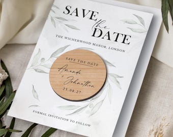 Save the Dates Magnet with Cards | Greenery Save the Date Wedding Magnets | Botanical Wood Save the Date or Evening | Rustic Spring Invites