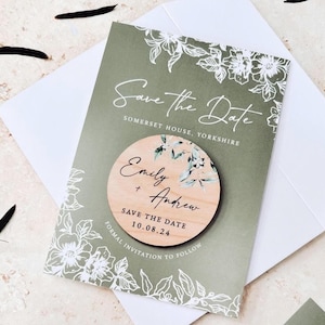 Save the Date Magnet with Cards | Sage Green Save the Date Wedding Magnets | Personalised Wood Save the Date or Evening | Botanical Invites