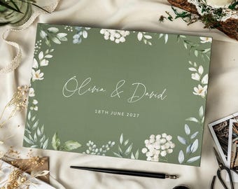 Wedding Guest Book Sage Green, Photo Guest Book Album, Custom Wedding Scrapbook, Engagement Gift for Couple, Floral Memory Book