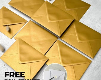Metallic Gold Envelopes c6, 5x7 or c5, Luxury Gold Wedding Invitations Envelope, Save the Dates or Rsvp a6 a5 Envelopes, Free Foil Stickers