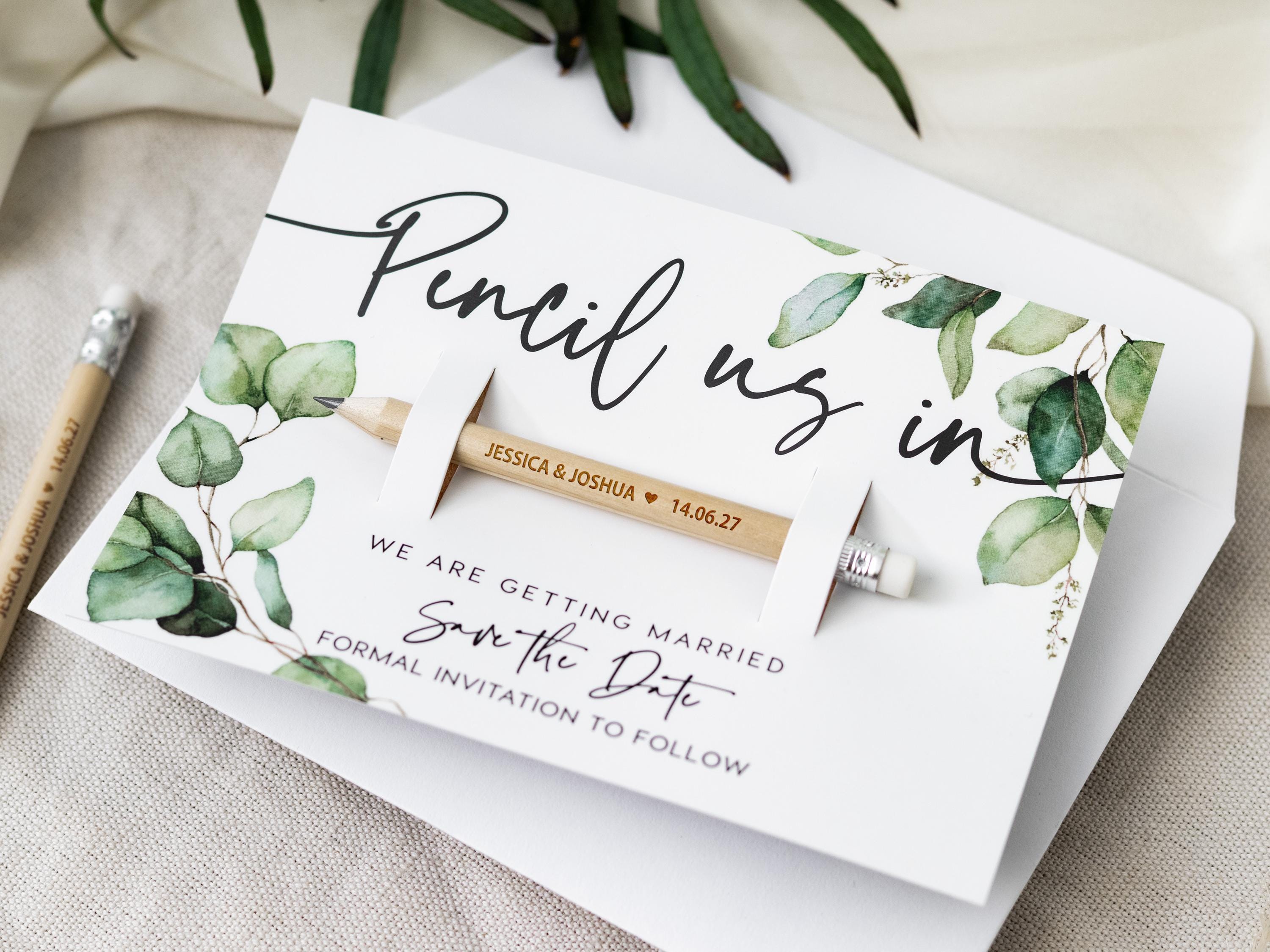 Pencil Us In Save The Date Cards | Save The Dates Wedding Invitations - Personalised Rustic Botanical Magnets - Minimalist Save The Date