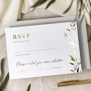 Uitnodigingskaarten bruiloft | Luxe detailkaart met enveloppen | Goudfolie boho bruiloft antwoordkaart "Mayfair"