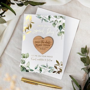 Save the Date Magnet with Cards, Foiled Unique Minimalist Wedding Invitations, Greenery Botanical Invites with Gold Leaf, Rustic Wooden image 5