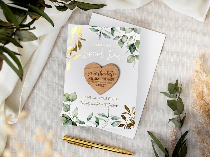 Save the Date Magnet with Cards, Foiled Unique Minimalist Wedding Invitations, Greenery Botanical Invites with Gold Leaf, Rustic Wooden image 5
