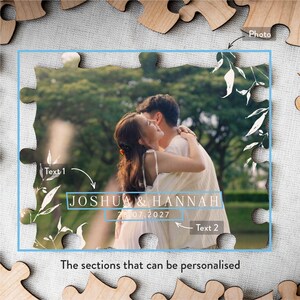 Matching wooden wedding reception table sign for the personalised UV-printed wooden photo jigsaw guestbook alternative, instructing guests to sign a puzzle piece for the bride and groom.