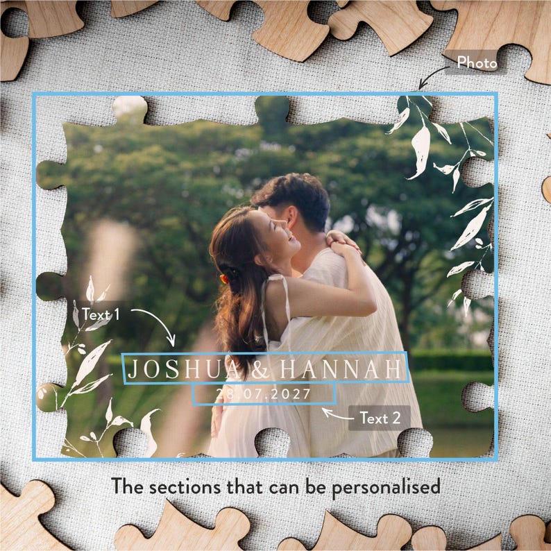Matching wooden wedding reception table sign for the personalised UV-printed wooden photo jigsaw guestbook alternative, instructing guests to sign a puzzle piece for the bride and groom.