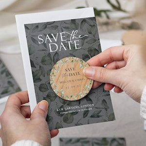 Zapisz datę magnes z kartkami | Botaniczne magnesy ślubne Save the Date | Drewniane zaproszenia Save the Date lub wieczorne | Greenery Invites