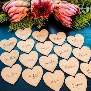 Personalised Wedding Place Names, Wooden Heart Place Setting, Wood Place Name, Wedding Favours, Wedding Table Decor, Rustic Wedding Seating image 9