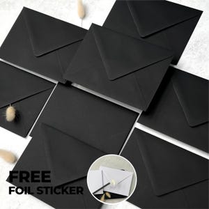Pristine Black Envelopes c6, 5x7 or c5, Luxury Ebony Wedding Invitations Envelope, Jet Black Save the Dates a6 Envelopes, Free Foil Stickers