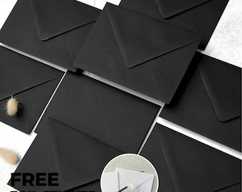 Ebbenhouten zwarte trouwenveloppen C6, C5 of 5 x 7, V-flap uitnodiging & Save The Date-enveloppen, gratis foliestickers