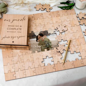 Libro de firmas alternativo para bodas / Libro de firmas tipo puzzle, regalo de boda personalizado para la pareja, recuerdo de boda rústico. imagen 8