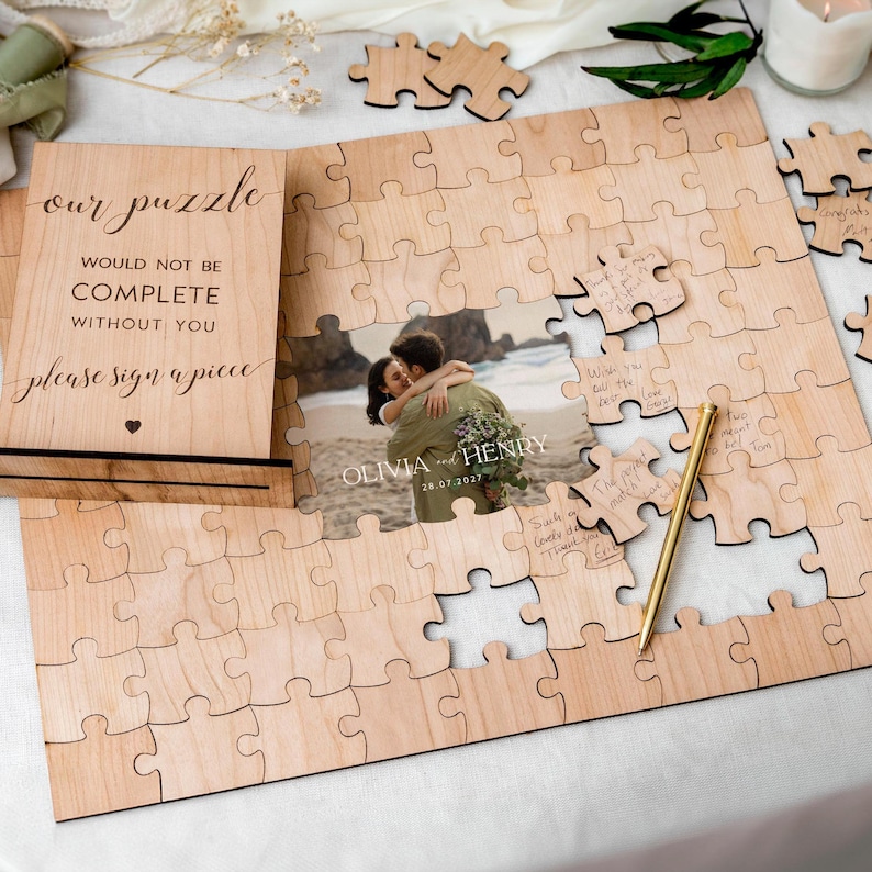 Libro de firmas alternativo para bodas / Libro de firmas tipo puzzle, regalo de boda personalizado para la pareja, recuerdo de boda rústico. imagen 8