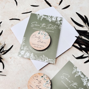 Save the Date Magnet with Cards | Sage Green Save the Date Wedding Magnets | Personalised Wood Save the Date or Evening | Botanical Invites image 4