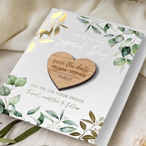 Save the Date Magnet with Cards, Foiled Unique Minimalist Wedding Invitations, Greenery Botanical Invites with Gold Leaf, Rustic Wooden image 4