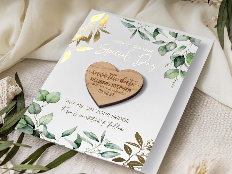 Save the Date Magnet with Cards, Foiled Unique Minimalist Wedding Invitations, Greenery Botanical Invites with Gold Leaf, Rustic Wooden image 4