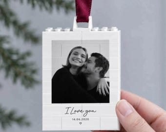 Personalised Couple Ornament With Photo 2026, I Love You Anniversary Christmas Bauble For Him Or Her, Building Block Decoration