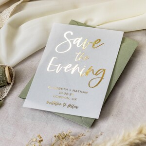 Sparen Sie die Abendkarten | Perlmutt Goldfolie Save the Date Karten | Minimalist Hochzeit Abend Abendessen lädt ein | Moderne Einladungssuiten ""Bali"""
