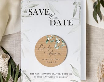 Imán para guardar la fecha con tarjetas / Imanes para guardar la fecha con vegetación para bodas / Imanes personalizados de madera para guardar la fecha o para la noche / Invitación rústica personalizada
