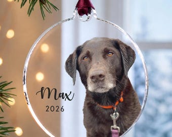 May include: A circular clear acrylic ornament featuring a printed photograph of a brown Labrador dog wearing an orange collar. The name Max and the year 2026 are printed in black text on the left side. A dark red ribbon is attached to the top loop.