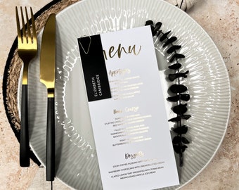 Carte de menu de mariage en feuille d'or avec marque-places | Menu de dîner de mariage avec étiquettes pour cartes de visite | Plaquettes de positionnement pour sièges de table « Bali »