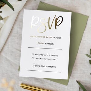 Rsvp Cards Invites | Gold Foil Detail Card with Envelopes | Wedding Response Card | Rsvp Foil Invite | Invitation Suite "Bali"
