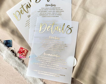 Cartes d'invitation avec détails en vélin | Carte de vœux pour mariage en feuille d'or | Carte d'insertion d'invitation de réception | Réponse RSVP Suite d'invitations sur papier « Bali »