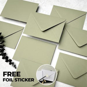 Sage Green Envelopes c6, 5x7 or c5, Luxury Olive Green Wedding Invitations Envelope, Khaki Save the Dates Rsvp Envelopes, Free Foil Stickers