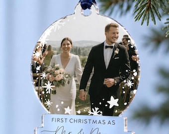 Personalised Newlywed First Christmas Photo Bauble, Mr And Mrs Wedding Gift, Christmas Tree Ornament, Keepsake For A Married Couple
