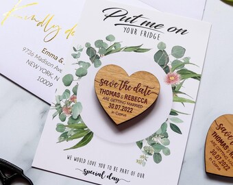 Save the Date Magnet + Cards, rustic wedding wood heart with unique funny message option, custom save the dates idea with Envelope Botanical
