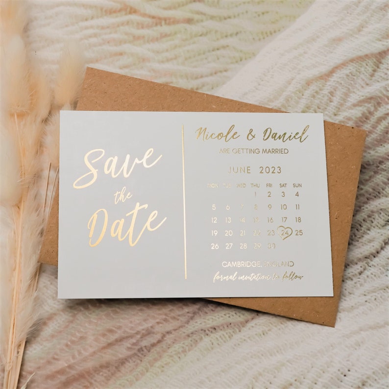 Foil Save the Date Calendar Cards, Modern Wedding Invites Invitations, (Gold, Rose Gold, Silver Foil) Custom Save the Dates - FREE Envelopes 