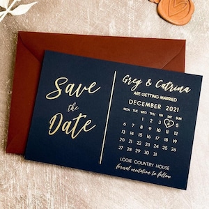 Biglietti d'invito con calendario in lamina blu navy "Save the Date", inviti per cartoline di nozze, inviti in lamina vera, Save the Date personalizzati - buste GRATUITE "Dubai"