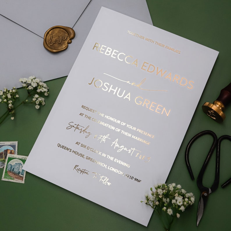 Foil Wedding Invitation, Wedding Invitations, Gold Invitation White Cards, Rose Gold Foil Wedding Invite, Minimalist Wedding Invites image 6