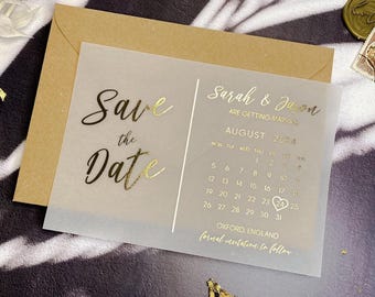 Foil Save the Date Vellum Calendar Cards, Foiled Wedding Invite Invitation, Gold Foil, Rose Gold, Silver Foil - FREE envelopes  &quot;Dubai&quot;