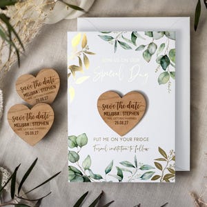 Save the Date Magnet with Cards, Foiled Unique Minimalist Wedding Invitations, Greenery Botanical Invites with Gold Leaf, Rustic Wooden image 8