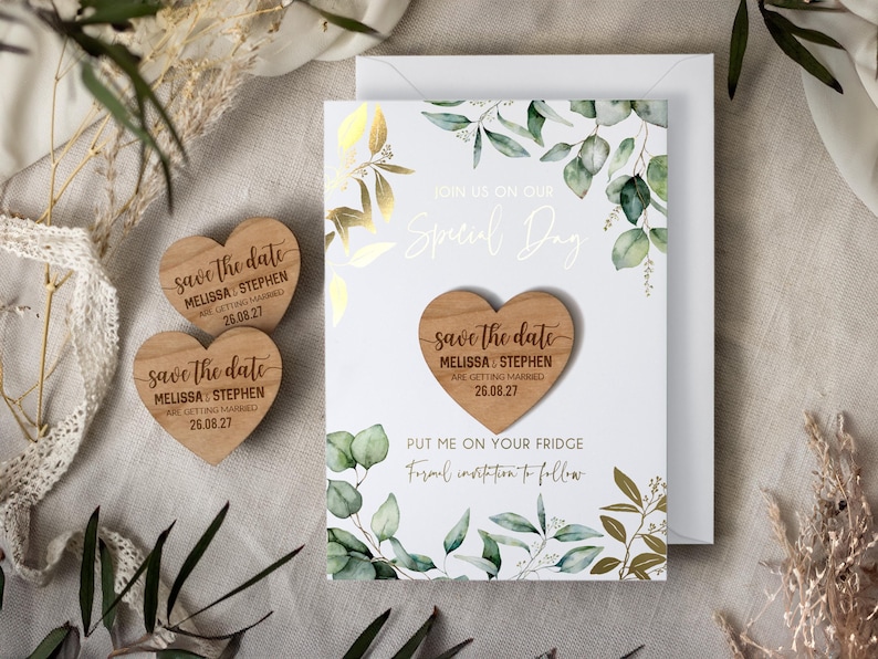Save the Date Magnet with Cards, Foiled Unique Minimalist Wedding Invitations, Greenery Botanical Invites with Gold Leaf, Rustic Wooden image 8