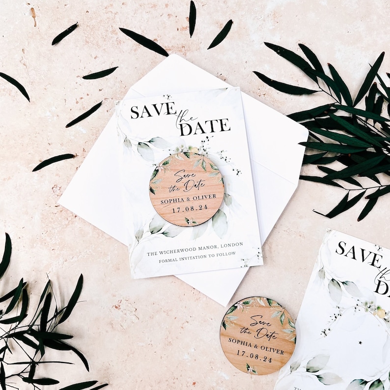 Save the Date Magnet with Cards Greenery Save the Date Wedding Magnets Wood Save the Date or Evening Invitation Custom Rustic Invites image 1