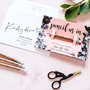 Pencil Us In Wedding Invitations Rustic Save The Date Cards, Personalised Custom Engraved Pencils Favour, Wedding Gift, Boho Wedding image 7