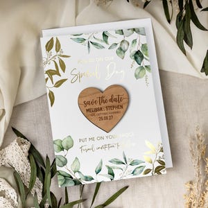 Save the Date Magnet with Cards, Foiled Unique Minimalist Wedding Invitations, Greenery Botanical Invites with Gold Leaf, Rustic Wooden image 7