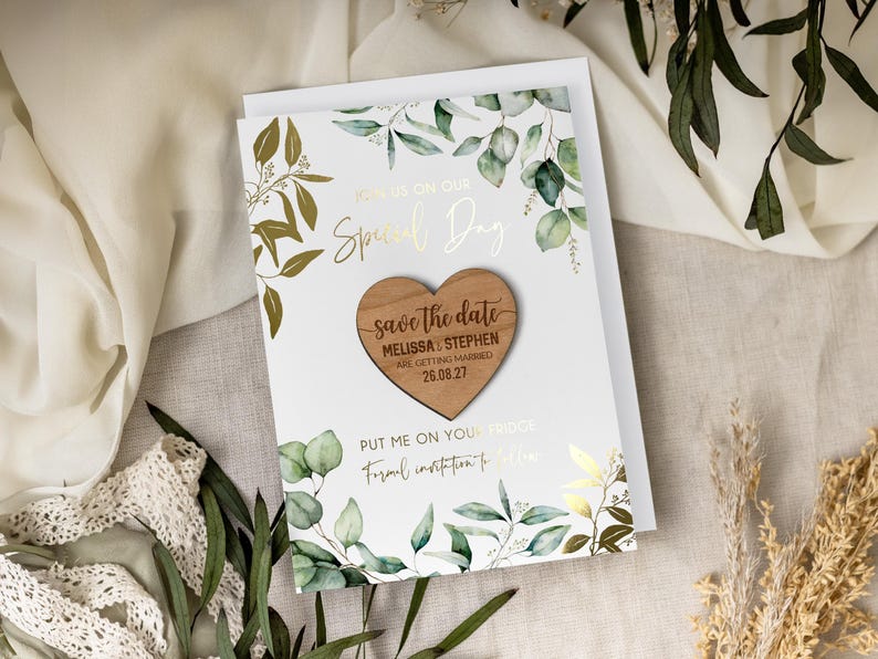 Save the Date Magnet with Cards, Foiled Unique Minimalist Wedding Invitations, Greenery Botanical Invites with Gold Leaf, Rustic Wooden image 7