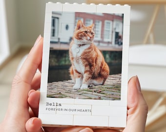 Cat Memorial Gift, Personalised Pet Photo Keepsake, Forever In Our Hearts Cat Block, Pet Loss Sympathy Present, Custom Cat Memory Display