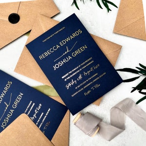 Navy Blue and Gold Foil Wedding Invitation Moody Luxury Minimalist Script with Rose Gold Foil Modern Invites Design 'Dubai' image 6