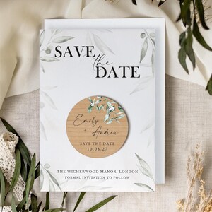Imán para guardar la fecha con tarjetas / Imanes para guardar la fecha con vegetación para bodas / Imanes personalizados de madera para guardar la fecha o para la noche / Invitación rústica personalizada