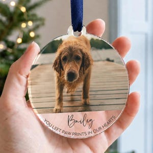 Personalised Dog Memorial Ornament, Christmas Photo Bauble In Loving Memory, Pet Loss Keepsake, Sympathy Gift For A Dog Owner