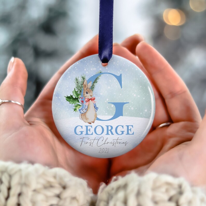 Personalised Baby's First Christmas Decoration, 1st First Christmas Baby Ornament 2022, Rabbit Christmas Bauble, Christmas Gift for Boy 