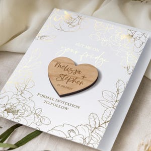 Save The Date Magnet with Cards, Foiled Unique Wedding Invitation, Luxury Minimalist Greenery Botanical Gold Foil, Rustic Wooden Magnets