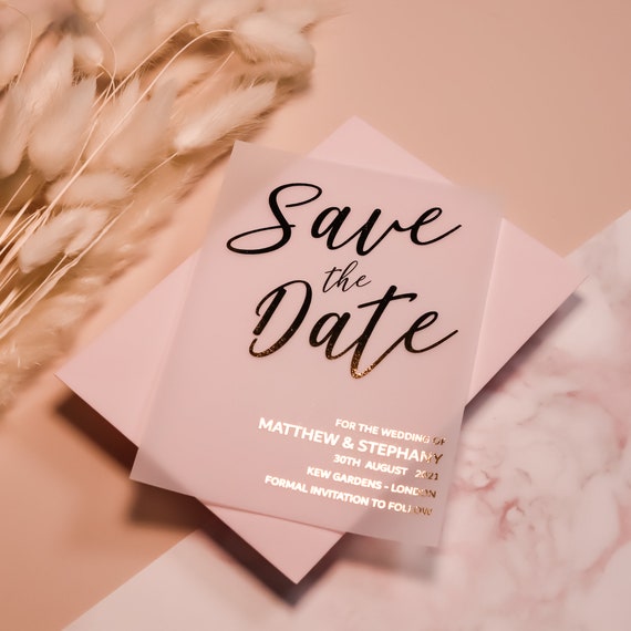 Personalized Save the Date Card With Foil Lettering, Vellum Save the Dates  in Rose Gold, Gold, Silver Foil . 