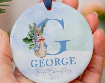 Personalised Baby First Christmas Rabbit Bauble, Baby Initial Christmas Ornament, Newborn Baby Gift, Christmas Tree Keepsake For A Child