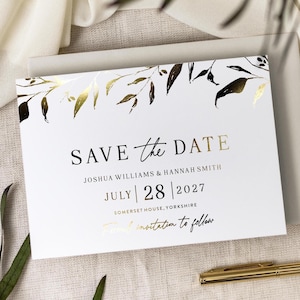 Botanische Save the Date-kaart, Boho Save the Date-trouwkaarten, goudfolie Save the Date, huwelijksaankondigingskaarten "Mayfair"