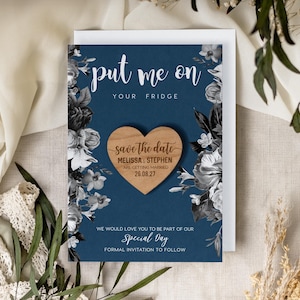 Save the Date Magnet + Cards | Rustic Wedding Wood Heart, Personalised Wedding Invites Custom Save the Dates with Envelope, Navy Blue Floral