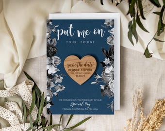 Rustic Wood Heart Save the Date Magnet: Navy Floral Wedding Invites